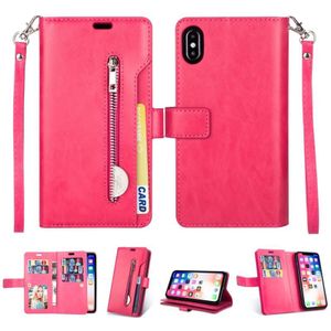 For iPhone X / XS Multifunctional Zipper Horizontal Flip Leather Case with Holder & Wallet & 9 Card Slots & Lanyard(Rose Red)