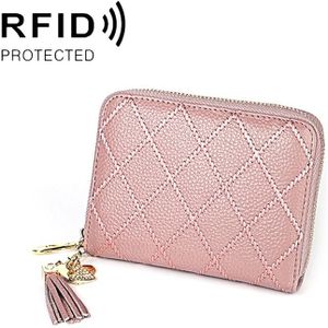 KB213 Diamond Texture Zipper Cowhide Leather Double Row Organ Shape Multiple Card Slots Anti-magnetic RFID Wallet Clutch Bag for Ladies (Light Pink)