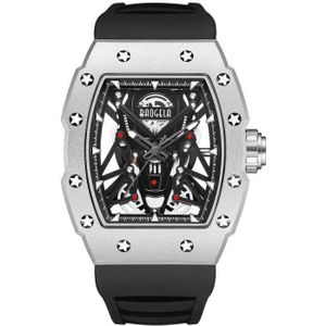 BAOGELA 224145 Barrel Skeleton waterdicht sport roestvrij staal siliconen herenhorloge (stalen schaal zwarte riem)