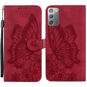 Voor Samsung Galaxy Note20 5G Retro Skin Voel vlinders in relif horizontale flip lederen hoes met Holder & Card Slots & Wallet(Red)