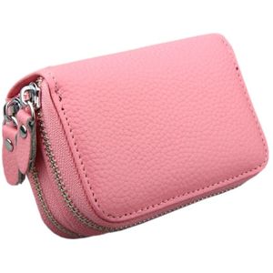 Genuine Cowhide Leather Dual Layer Solid Color Zipper Card Holder Wallet Coin Purse Card Bag Protect Case with Card Slots & Coin Position  Size: 10.5*7.0*4.0cm(Pink)