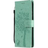 Voor Samsung Galaxy A42 5G Tree & Cat Patroon Geperst Afdrukken Horizontale Flip PU Lederen case met Holder & Card Slots & Wallet & Lanyard(Groen)