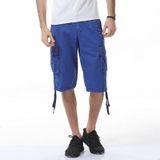 Summer Multi-pocket Solid Color Loose Casual Cargo Shorts for Men (Color:Sapphire Blue Size:34)