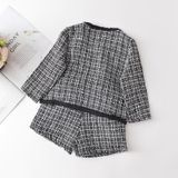 2 in 1 Spring and Autumn Girls Plaid Long Sleeve Jacket + Shorts Set (Color:Black Size:100CM)