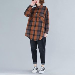 Loose Large Size Slim Mid-length Retro Plaid Shirt (Color:Coffee Size:XL)