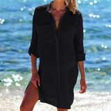 2 PCS Beach Cover Up Robe  Pocket Swimsuit Cover Up Sarong Beach Shirt Tops Bathing Suit Women Beachwear Pareo Tunic  Size:One Size(Black)