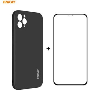 For iPhone 11 Pro Max Hat-Prince ENKAY ENK-PC0662 Liquid Silicone Straight Edge Shockproof Protective Case + 0.26mm 9H 2.5D Full Glue Full Coverage Tempered Glass Protector Film(Black)
