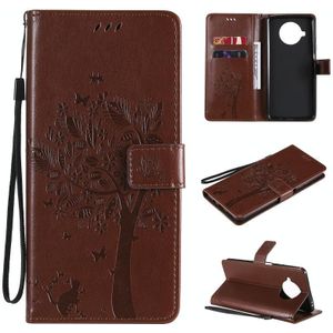 For Xiaomi Mi 10T Lite 5G Tree & Cat Pattern Pressed Printing Horizontal Flip PU Leather Case with Holder & Card Slots & Wallet & Lanyard(Coffee)