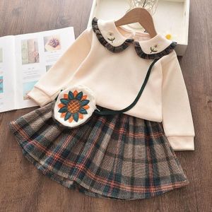 Plaid Top + Pleated Half-length Princess Skirt Two-piece Suit (Color:White Size:110)