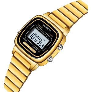 SANDA 6053 Square LED Digital Display Dial Running Seconds Alarm Clock Electronic Watch for Women(Gold)