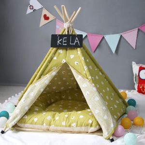 Cotton Canvas Pet Tent Cat and Dog Bed with Cushion  Specification: Large 60×60×70cm(Yellow Triangle)