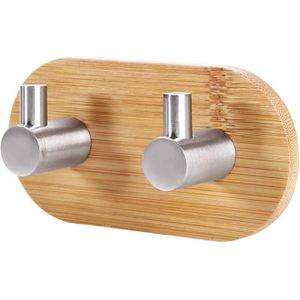 2 PCS Stainless Steel Bamboo Double Row Hook Kitchen Bathroom Door Adhesive Solid Wood Hook(Double Hook)