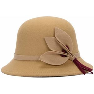 Autumn and Winter Ladies Pot Cap Woolen Top Hat with Flower Decoration  Size:One Size(Camel)