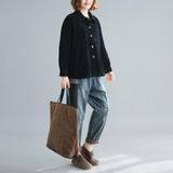 Literature And Art Retro Corduroy Jacket Women Loose Corduroy Short Cardigan Long Sleeves (Color:Black Size:XL)