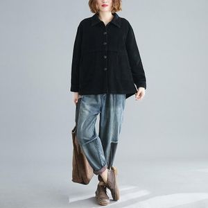 Literature And Art Retro Corduroy Jacket Women Loose Corduroy Short Cardigan Long Sleeves (Color:Black Size:XL)