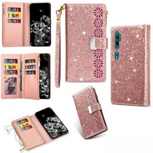 For Xiaomi Mi CC9 Pro / Redmi Note 10 Multi-card Slots Starry Sky Laser Carving Glitter Zipper Horizontal Flip Leather Case with Holder & Wallet & Lanyard(Rose Gold)