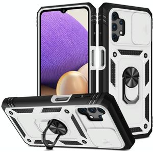 For Samsung Galaxy A32 5G Sliding Camera Cover Design TPU + PC Protective Case with 360 Degree Rotating Holder & Card Slot(White+Black)