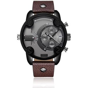 Cagarny 6819 Multifunctionele dubbele tijdzone kwarts Business Sport Watch voor mannen (Black Shell Gray Surface Brown Leather)