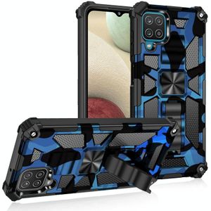 For Samsung Galaxy A12 Camouflage Armor Shockproof TPU + PC Magnetic Protective Case with Holder(Dark Blue)