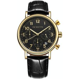 Ochstin 5081A Multifunctioneel lichtgevend waterdicht lederen band quartz horloge (goud + zwart + zwart)