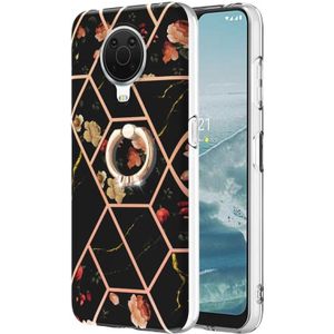 Voor Nokia G20 / G10 splitsen marmeren bloempatroon TPU ringhouder (zwarte bloem)