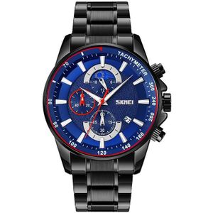 SKMEI 9250 Men Moonphase Stopwatch Date Six Pin Stainless Steel Strap Quartz Watch(Black Blue)