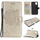 For Samsung Galaxy A12 Tree & Cat Pattern Pressed Printing Horizontal Flip PU Leather Case with Holder & Card Slots & Wallet & Lanyard(Gold)