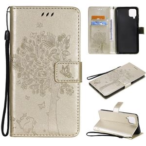 For Samsung Galaxy A12 Tree & Cat Pattern Pressed Printing Horizontal Flip PU Leather Case with Holder & Card Slots & Wallet & Lanyard(Gold)