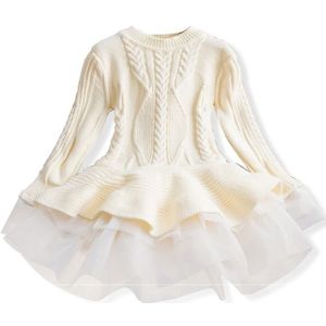 Winter Girls Knit Long Sleeve Sweater Organza Dress Evening Dress  Size:100cm(White  )