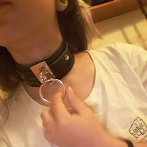 European and American Harajuku PU Leather Sliver Single Ring Collar Wide Street-Snap Nightclub O-shaped Choker Necklace(Coffee)