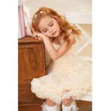 Girls Sling Puffy Solid Color Dress (Color:Cream Beige Size:120)