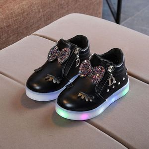Kids Shoes Baby Infant Girls Eyelash Crystal Bowknot LED Luminous Boots Shoes Sneakers  Size:25(Black)
