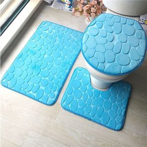 2 Sets Three-Piece Set Flannel Anti-Slip Kitchen Bath Toilet Rug Mat Washable Carpet(Blue Cobblestone)