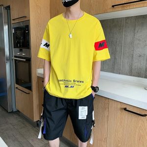 2 in 1 Summer Casual Cotton Letter Pattern Short Sleeve T-shirt + Shorts Set for Men (Color:Yellow Size:L)