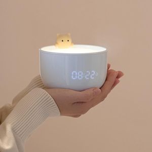 Cat Alarm Clock Night Light 2W LED Rechargeable Adjustable Children Bedroom Bedside Light(White)