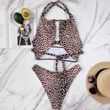 2 in 1 Leopard Texture Print Hollow Lace-up Bikini Ladies Split Swimsuit Set (Color:Leopard Texture Size:L)