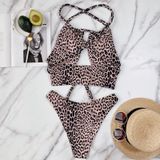 2 in 1 Leopard Texture Print Hollow Lace-up Bikini Ladies Split Swimsuit Set (Color:Leopard Texture Size:L)