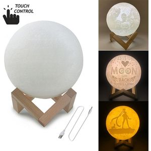 Customized Touch Switch 3-color 3D Print Moon Lamp USB Charging Energy-saving LED Night Light with Wooden Holder Base  Diameter:18cm