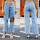 Dames High-rise Cut-out gescheurde jeans (kleur: lichtblauw Maat: L)