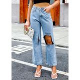 Dames High-rise Cut-out gescheurde jeans (kleur: lichtblauw Maat: L)