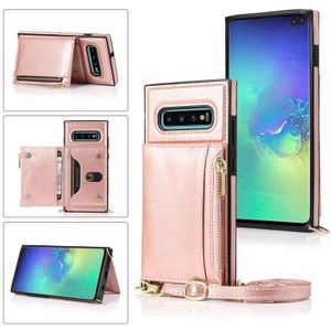 For Samsung Galaxy S10 Plus Square Zipper Wallet Bag TPU+PU Back Cover Case with Holder & Card Slots & Wallet & Cross-body Strap(Rose Glod)