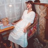 Tweekleurige Kant-naaien V-hals Holiday Dress met Lace-up Taille en Dunheid (Kleur: Witte Maat:XL)