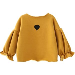 Autumn and Winter Warm Cute Puff Sleeve Top Heart-shaped Embroidered Sweatshirt Girls Tops  Height:110cm(Turmeric)