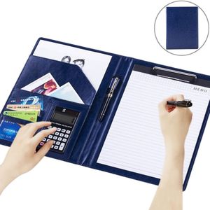 Office Supplies Business Style Leather Document Folder with 30-pages A4 Note Pad & Calculator (Blue)