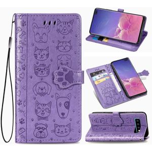 For Galaxy S10 Plus Cute Cat and Dog Embossed Horizontal Flip Leather Case with Bracket / Card Slot / Wallet / Lanyard(Purple)