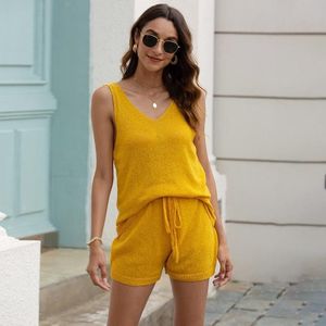2 In 1 Solid Color Hollow Smock Knit Vest Swimsuit Set (Color:Yellow Size:M)