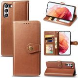 For Samsung Galaxy S21 FE Solid Color Leather Buckle Phone Case with Lanyard & Photo Frame & Card Slot & Wallet & Stand Function(Brown)