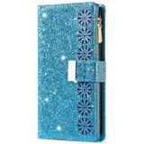 For Huawei P20 lite Multi-card Slots Starry Sky Laser Carving Glitter Zipper Horizontal Flip Leather Case with Holder & Wallet & Lanyard(Sky Blue)