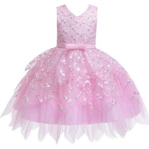 Girls Irregular Embroidered Beaded Bow-knot Tutu Sleeveless Dress Show Dress  Appropriate Height:100cm(Pink)