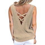 Solid Color Deep V-neck Backless Knitted Vest T-shirt for Ladies (Color:Khaki Size:XL)